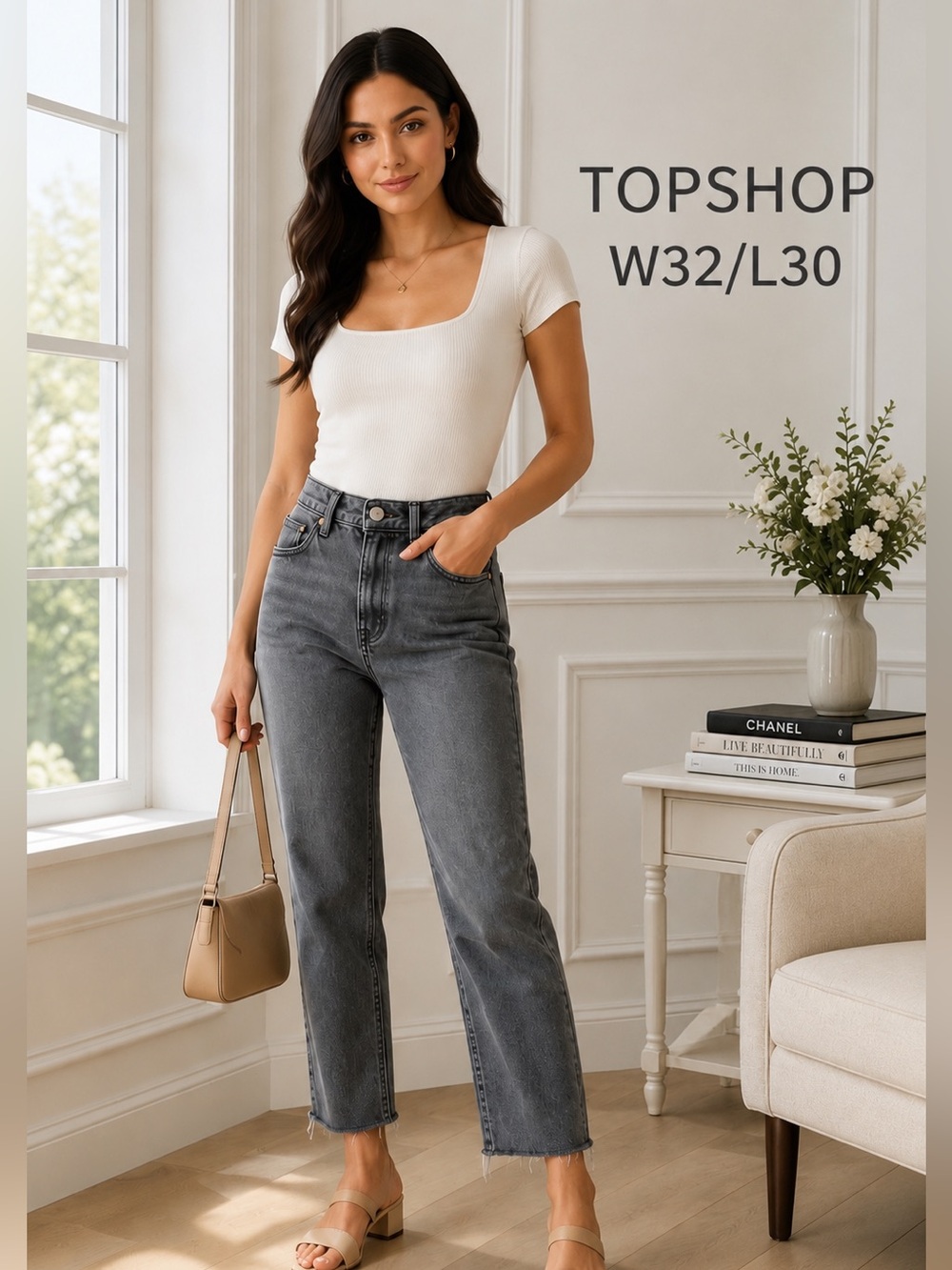Topshop Straight Cropped Gray Raw Hem Jeans W32 L30 99% Cotton